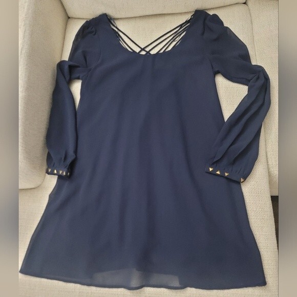 Chiffon Blue Longsleeve Lined Mini Dress with Strappy back Womens - Picture 8 of 13
